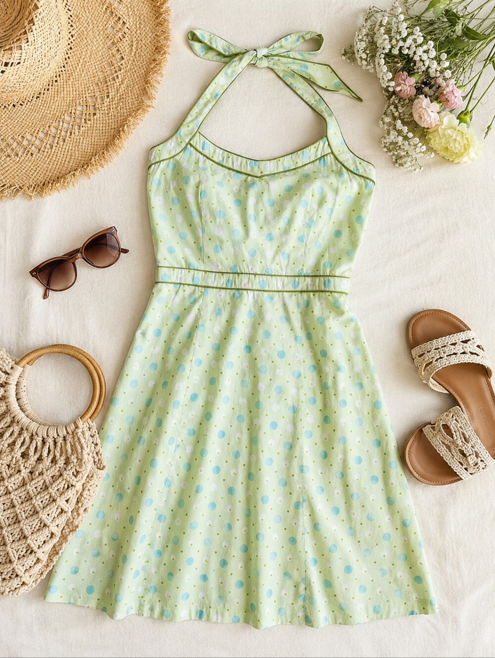RW&CO Polka Dot Halter Dress Size 4 Pastel Green Blue Fit & Flare Summer